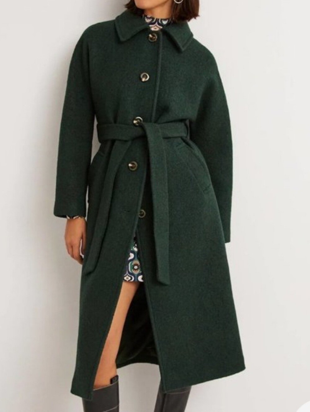 Boden Dark Green Belted Textured Button Down Wool Maxi Coat Size US 22R